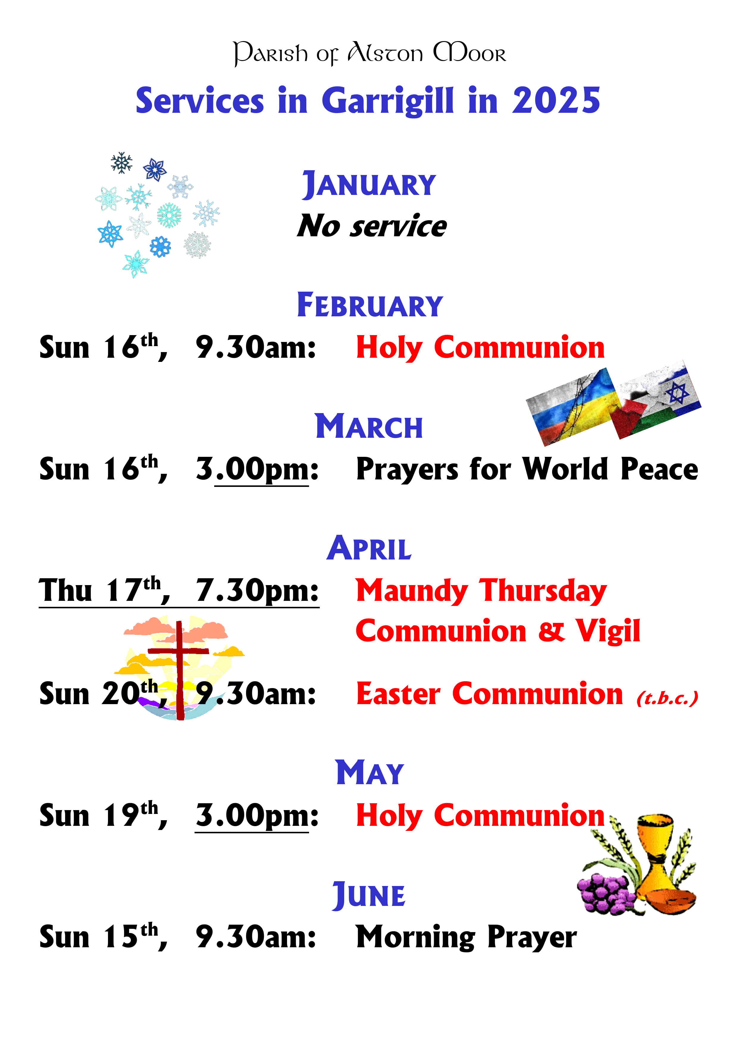 Dates and times of services in Garrigill in 2025 - mostly third Sunday in the month, 9.30am or 3pm